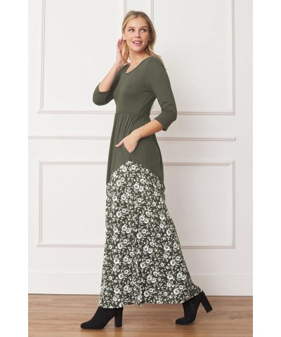 Eloges Women's ¾ Sleeve Contrast Floral | Stripe Maxi Dress Olive Asymmetrical Floral $10.72 Dresses