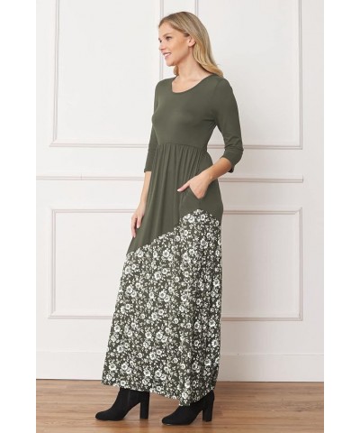 Eloges Women's ¾ Sleeve Contrast Floral | Stripe Maxi Dress Olive Asymmetrical Floral $10.72 Dresses