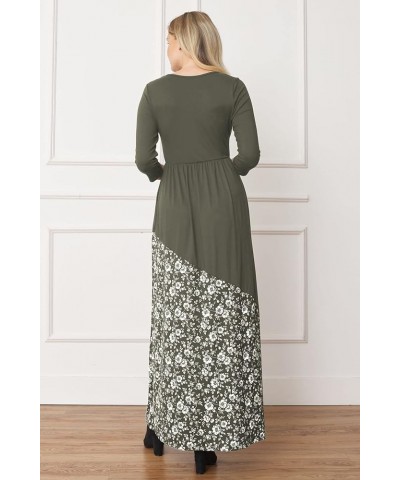 Eloges Women's ¾ Sleeve Contrast Floral | Stripe Maxi Dress Olive Asymmetrical Floral $10.72 Dresses