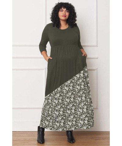 Eloges Women's ¾ Sleeve Contrast Floral | Stripe Maxi Dress Olive Asymmetrical Floral $10.72 Dresses