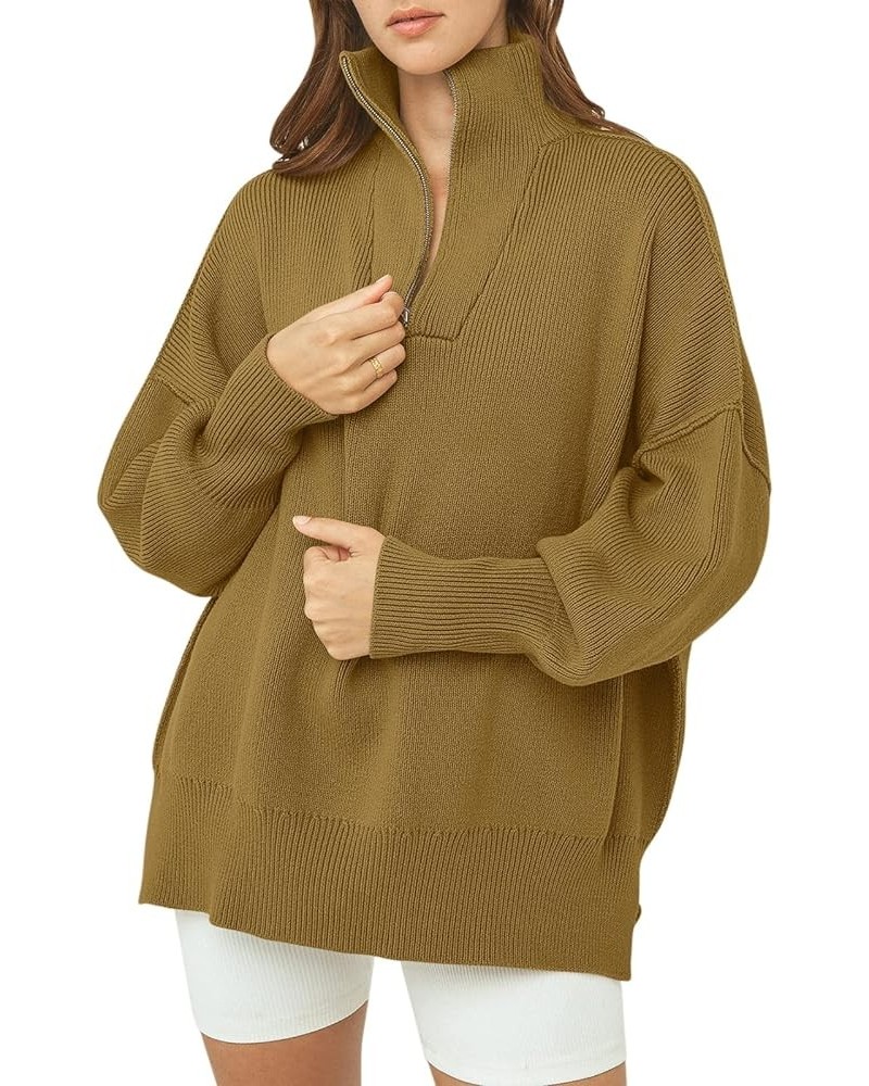 Women's 1/4 Zipper Sweatshirt Long Sleeve Oversized Slit Side Knit Pullover Sweaters Brown01 $17.43 Hoodies & Sweatshirts