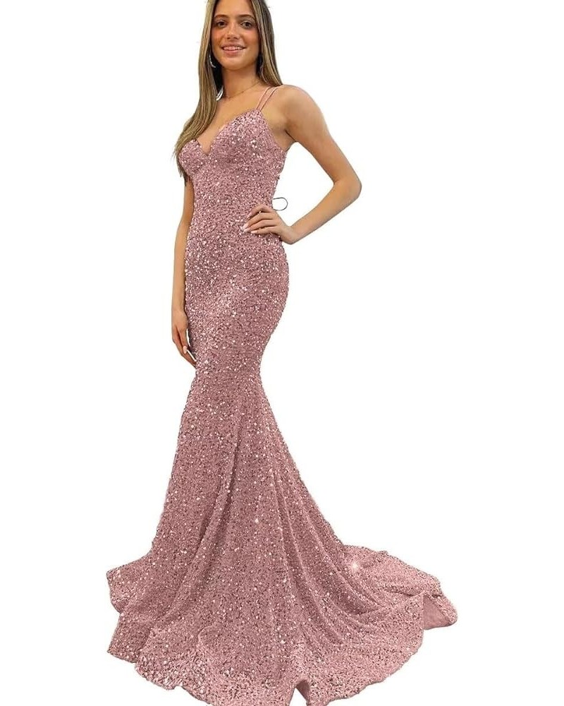 Prom Dresses for Women 2024 Sparkly Long Mermaid Velvet Sequin Formal Evening Gowns Rose Gold $29.67 Dresses