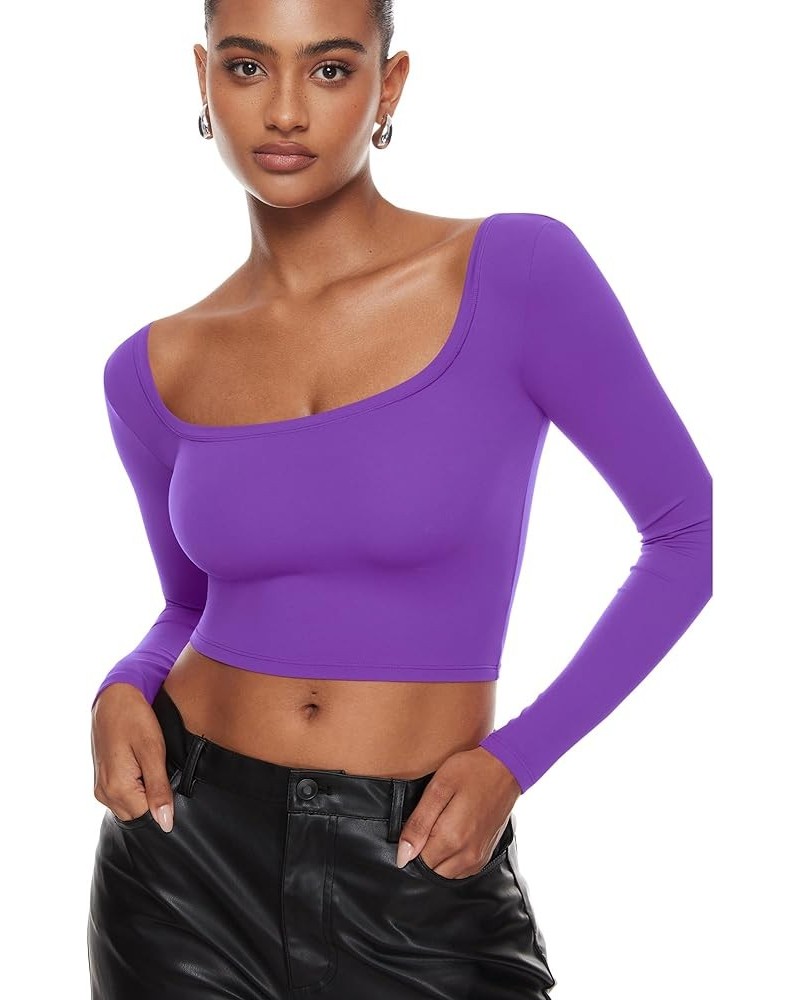 Women's Natrelax Square Neck Long Sleeve Crop Top Sexy Slim Fitted Basic Stretchy T Shirts Tops Royal Lilac $19.60 T-Shirts