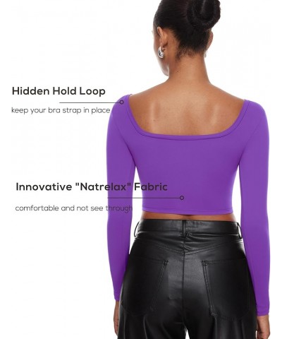 Women's Natrelax Square Neck Long Sleeve Crop Top Sexy Slim Fitted Basic Stretchy T Shirts Tops Royal Lilac $19.60 T-Shirts