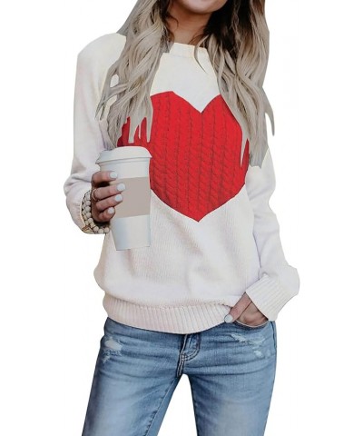 Women's Pullover Sweaters Long Sleeve Crewneck Cute Heart Knitted Casual Sweater White $18.06 Sweaters