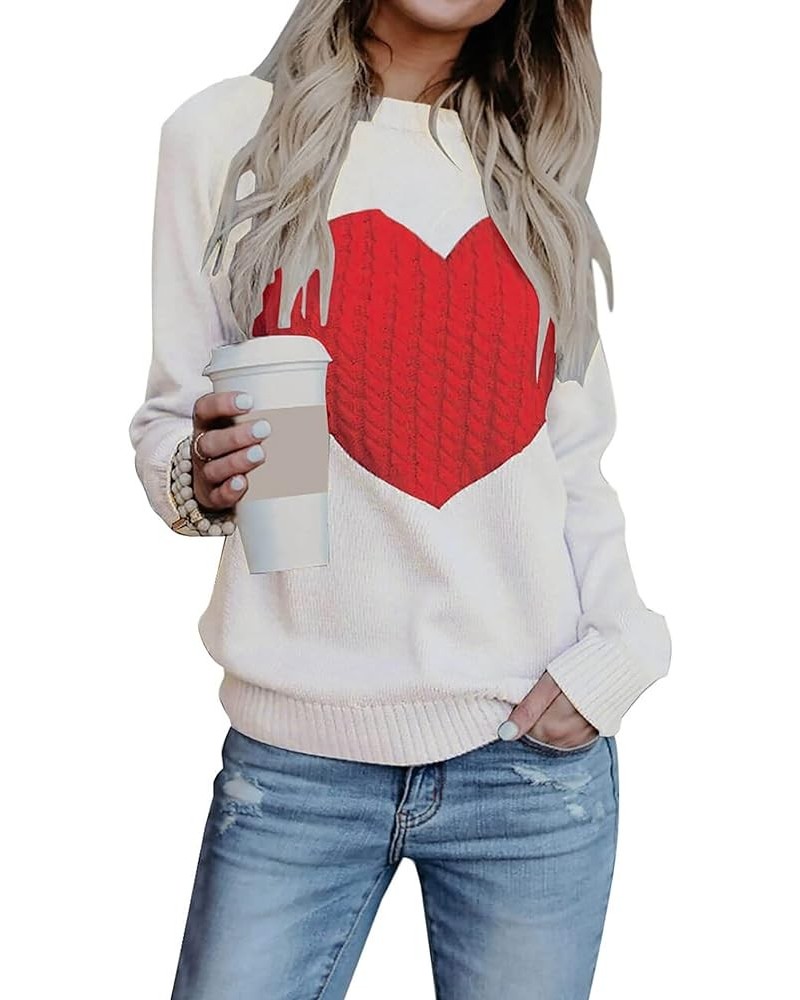 Women's Pullover Sweaters Long Sleeve Crewneck Cute Heart Knitted Casual Sweater White $18.06 Sweaters