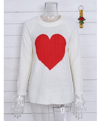 Women's Pullover Sweaters Long Sleeve Crewneck Cute Heart Knitted Casual Sweater White $18.06 Sweaters