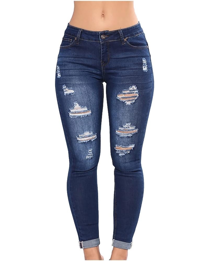 Ripped Jeans for Women High Waisted Premium Cropped Denim Pants Fashion Ripped & Distressed Pull On Slim Skinny Jean Dark Blu...