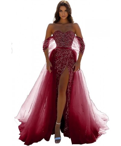 Glitter Sequin Prom Dresses 2022 Mermaid Slit Tulle Evening Sparkly Stretch Formal Gown with Undetachable Train DR0087 Wine R...