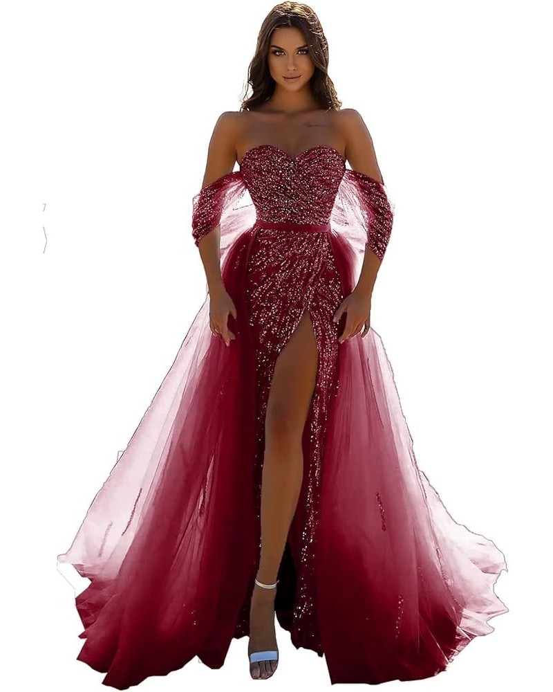 Glitter Sequin Prom Dresses 2022 Mermaid Slit Tulle Evening Sparkly Stretch Formal Gown with Undetachable Train DR0087 Wine R...