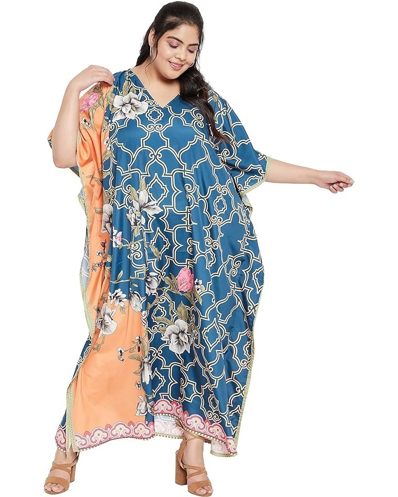 Gypsie Blu Women Floral Kaftan Plus Size Caftan Dress Long Tunic Maxi Casual Beach Dress Floral Blue & Peach $13.67 Dresses