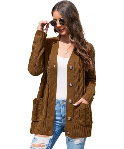 Women's Open Front Cardigan Sweater with Pockets Long Sleeve Cable Knit Button Loose Cardigan Sweater Outwear Khaki $16.80 Sw...