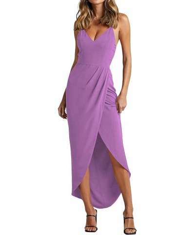 Women's Spaghetti Straps Ruched Wrap Split Hem Sleeveless Zipper Midi Dress Light Purple $7.94 Dresses