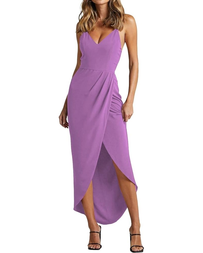 Women's Spaghetti Straps Ruched Wrap Split Hem Sleeveless Zipper Midi Dress Light Purple $7.94 Dresses