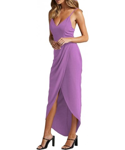 Women's Spaghetti Straps Ruched Wrap Split Hem Sleeveless Zipper Midi Dress Light Purple $7.94 Dresses