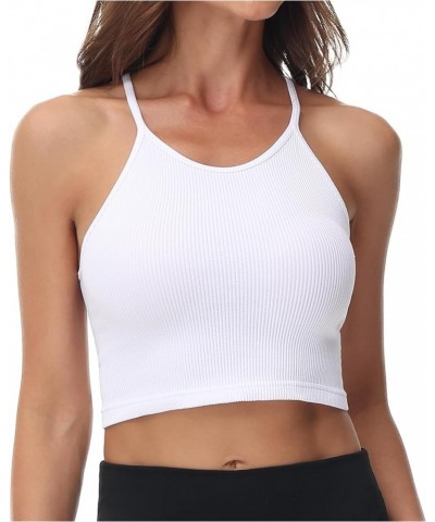 Ribbed Crop Tank Top Pack for Women Seamless Racerback Spaghetti Strap Cami Workout Sports Cropped Tops Sets White $14.40 Tanks