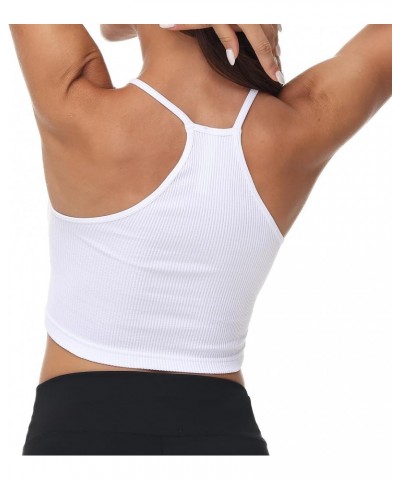 Ribbed Crop Tank Top Pack for Women Seamless Racerback Spaghetti Strap Cami Workout Sports Cropped Tops Sets White $14.40 Tanks