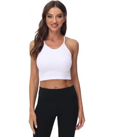 Ribbed Crop Tank Top Pack for Women Seamless Racerback Spaghetti Strap Cami Workout Sports Cropped Tops Sets White $14.40 Tanks