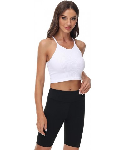 Ribbed Crop Tank Top Pack for Women Seamless Racerback Spaghetti Strap Cami Workout Sports Cropped Tops Sets White $14.40 Tanks