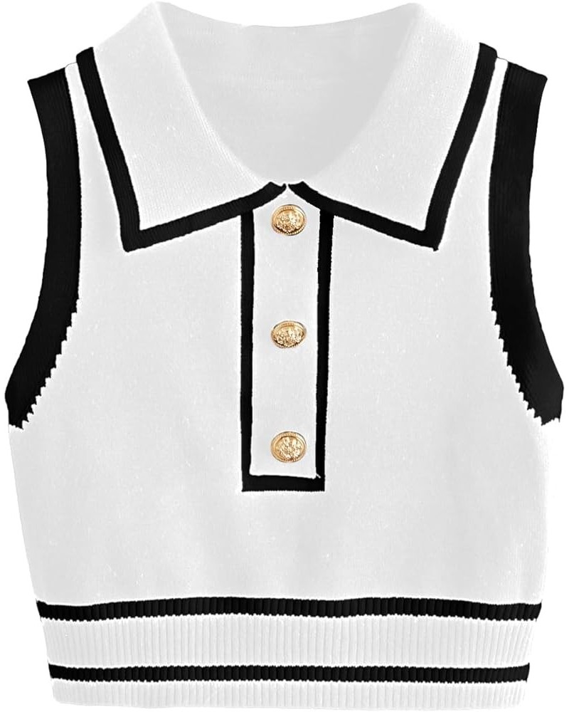 Women's Button Front Striped Collar Sleeveless Sweater Vest Knit Top White $18.28 Sweaters