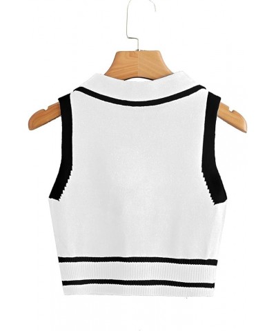 Women's Button Front Striped Collar Sleeveless Sweater Vest Knit Top White $18.28 Sweaters