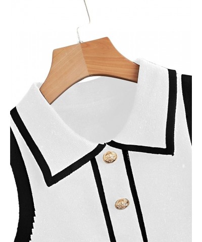 Women's Button Front Striped Collar Sleeveless Sweater Vest Knit Top White $18.28 Sweaters