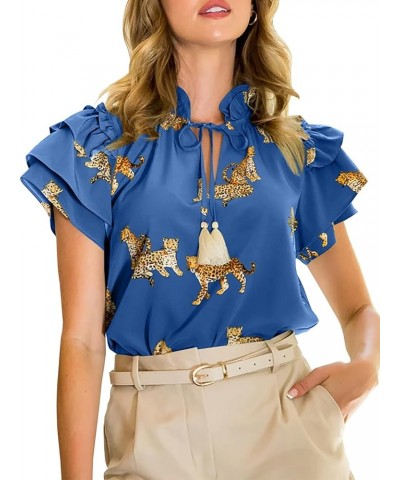 Womens Casual Chiffon Tops Summer Ruffle Short Sleeve Drawstring V Neck Leopard Print T Shirts Blouse Blue $13.50 Blouses