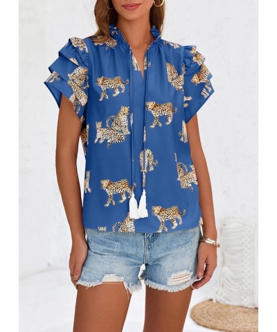 Womens Casual Chiffon Tops Summer Ruffle Short Sleeve Drawstring V Neck Leopard Print T Shirts Blouse Blue $13.50 Blouses