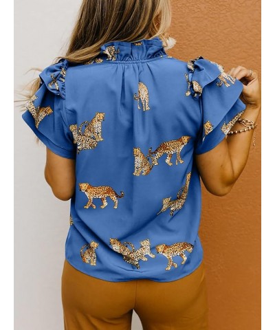 Womens Casual Chiffon Tops Summer Ruffle Short Sleeve Drawstring V Neck Leopard Print T Shirts Blouse Blue $13.50 Blouses