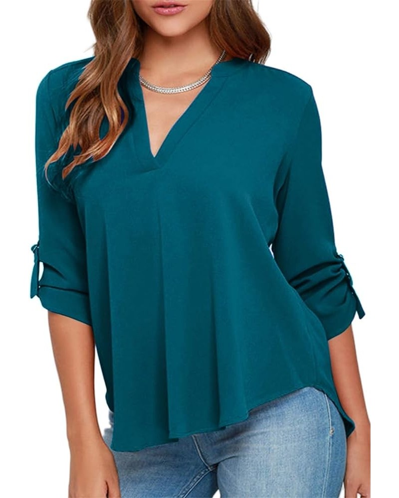 Womens Long Cuffed Sleeve Notch V Neck Chiffon Solid Color Tops Blouse Turquoise $12.47 Tops