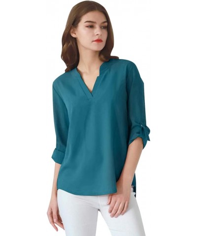 Womens Long Cuffed Sleeve Notch V Neck Chiffon Solid Color Tops Blouse Turquoise $12.47 Tops