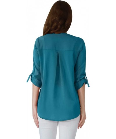 Womens Long Cuffed Sleeve Notch V Neck Chiffon Solid Color Tops Blouse Turquoise $12.47 Tops