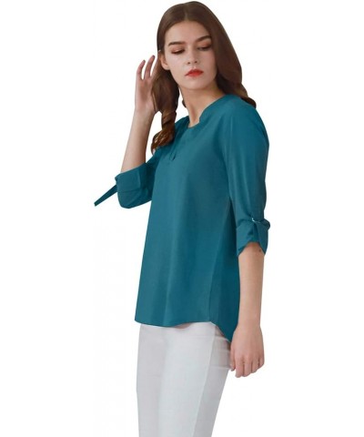 Womens Long Cuffed Sleeve Notch V Neck Chiffon Solid Color Tops Blouse Turquoise $12.47 Tops