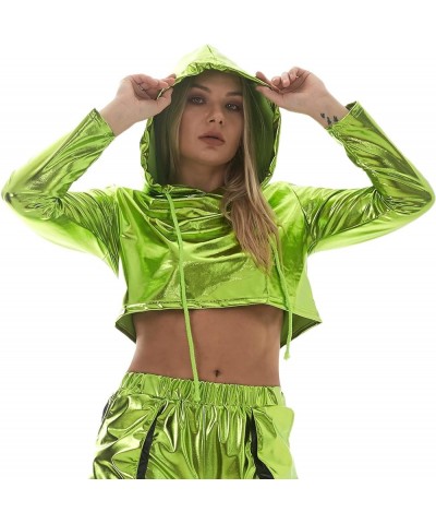 Womens Shiny Metallic Crop Top Hoodies Drawstring Long Sleeve Wet Look Pullover Holographic Sweatshirts Club Wear Green B $10...