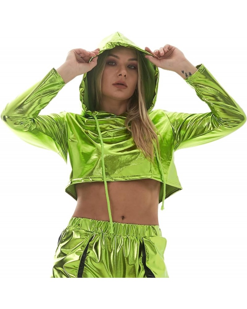 Womens Shiny Metallic Crop Top Hoodies Drawstring Long Sleeve Wet Look Pullover Holographic Sweatshirts Club Wear Green B $10...