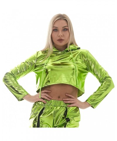 Womens Shiny Metallic Crop Top Hoodies Drawstring Long Sleeve Wet Look Pullover Holographic Sweatshirts Club Wear Green B $10...