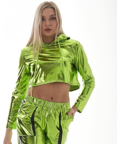 Womens Shiny Metallic Crop Top Hoodies Drawstring Long Sleeve Wet Look Pullover Holographic Sweatshirts Club Wear Green B $10...