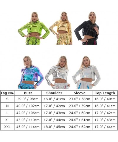 Womens Shiny Metallic Crop Top Hoodies Drawstring Long Sleeve Wet Look Pullover Holographic Sweatshirts Club Wear Green B $10...