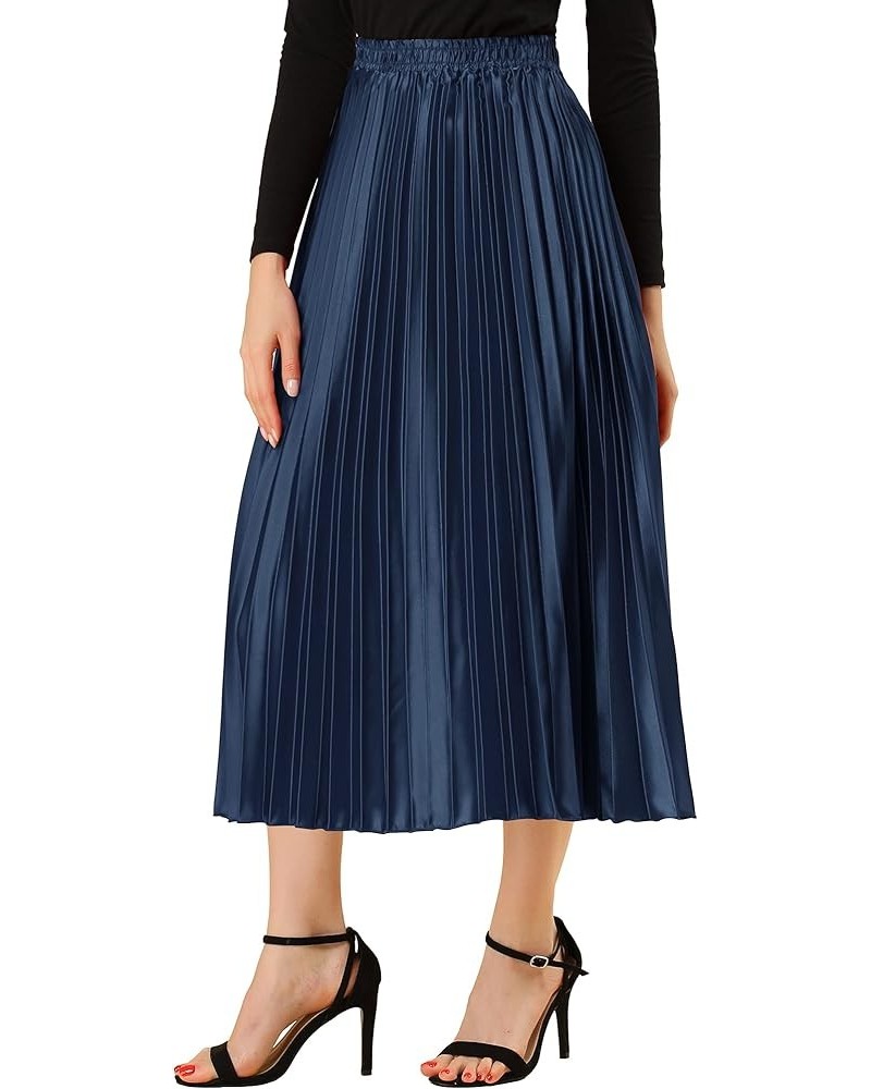 Women's Party Elastic Waist Metallic Shiny Accordion Pleated Midi Skirt Dark Blue $21.82 Skirts