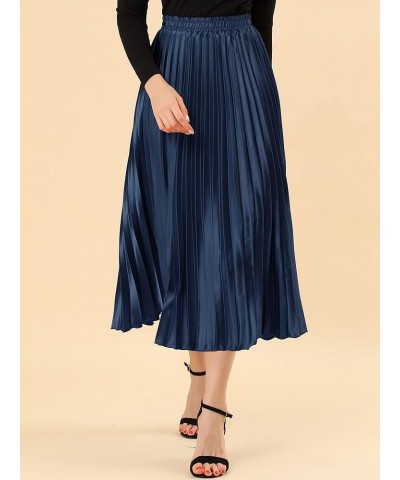 Women's Party Elastic Waist Metallic Shiny Accordion Pleated Midi Skirt Dark Blue $21.82 Skirts