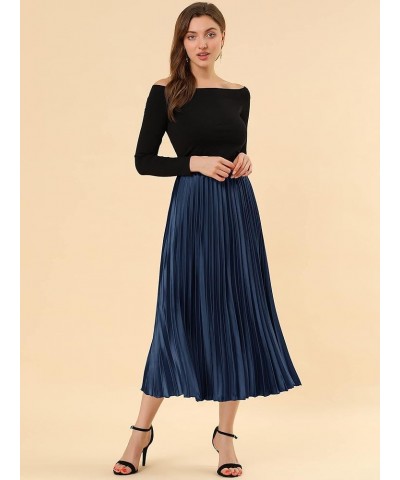 Women's Party Elastic Waist Metallic Shiny Accordion Pleated Midi Skirt Dark Blue $21.82 Skirts