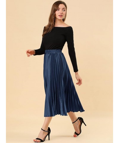 Women's Party Elastic Waist Metallic Shiny Accordion Pleated Midi Skirt Dark Blue $21.82 Skirts