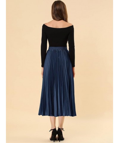 Women's Party Elastic Waist Metallic Shiny Accordion Pleated Midi Skirt Dark Blue $21.82 Skirts