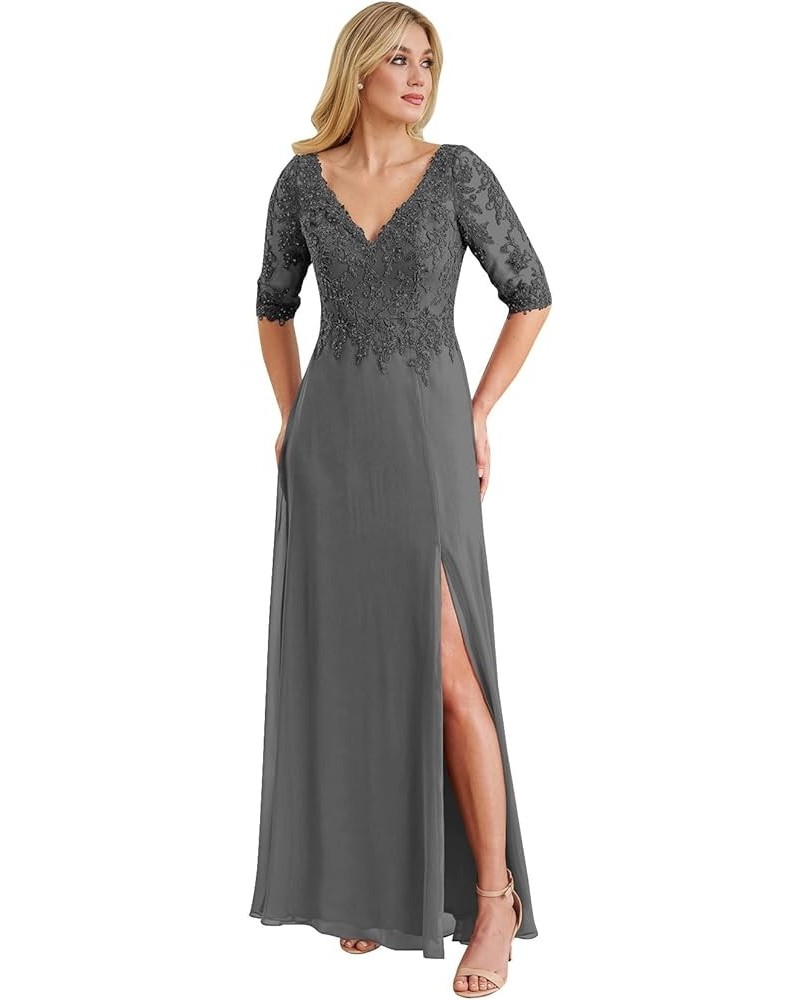 Women's V-Neck Beaded Lace Appliques Mother of The Bride Dresses with Sleeve Long Evening Formal Dress Gray $49.39 Dresses