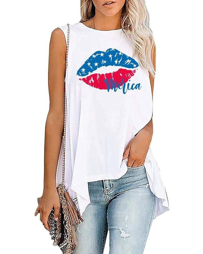 Women's Cotton Sleeveless Crew Neck Tunic Tank High Low Top Blouse Loose Fit American Flag Lip $7.50 Tops