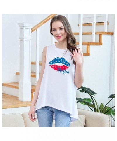 Women's Cotton Sleeveless Crew Neck Tunic Tank High Low Top Blouse Loose Fit American Flag Lip $7.50 Tops