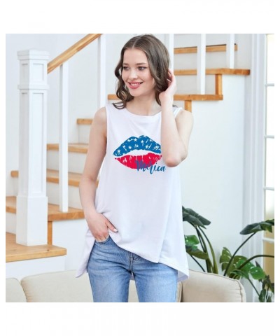 Women's Cotton Sleeveless Crew Neck Tunic Tank High Low Top Blouse Loose Fit American Flag Lip $7.50 Tops