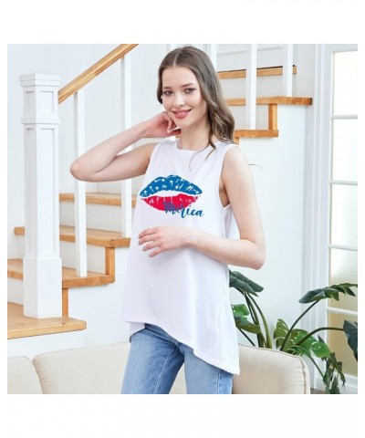 Women's Cotton Sleeveless Crew Neck Tunic Tank High Low Top Blouse Loose Fit American Flag Lip $7.50 Tops