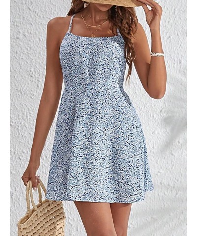 Women's Summer Ditsy Floral Backless Tie Back Sleeveless Cami Mini Dress Blue Sky $18.19 Dresses