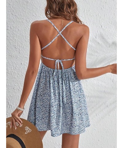 Women's Summer Ditsy Floral Backless Tie Back Sleeveless Cami Mini Dress Blue Sky $18.19 Dresses